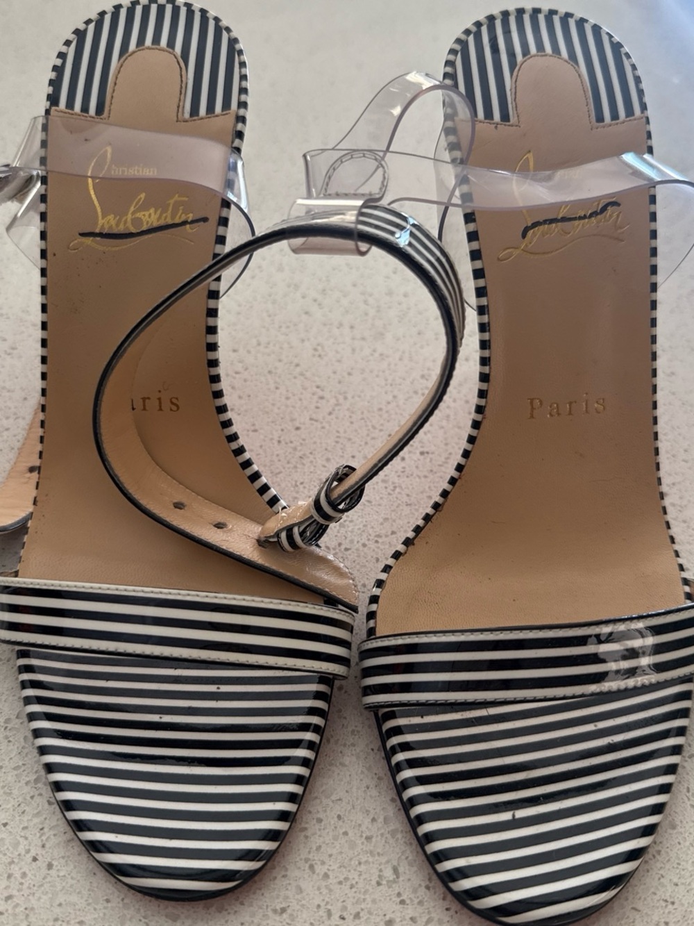 Christian Louboutin Black and White Striped Clear Strap Sandals
